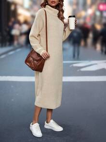 SHEIN Essnce Turtleneck Raglan Sleeve Sweater Dress Without Waist Belt - Apricot - View 3