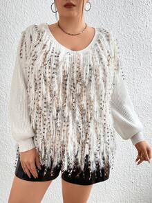 Flirla 女士大碼時尚閃爍貓鬚v領毛衣 - 白色 - 查看 6