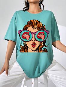 SHEIN EZwear Camiseta Holgada Con Estampado De Personajes Para Mujer - verde menta - Ver 3