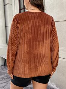 SHEIN LUNE Plus Size Corduroy Round Neck Zipper Design Long-sleeved Shirt - Brown - View 2