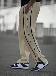 Manfinity Homme Men's Loose Fit Drawstring Waist Sweatpants, For Rave - Khaki - View 4