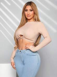 SHEIN SXY 女款性感中空交叉肩帶卡其長袖t恤