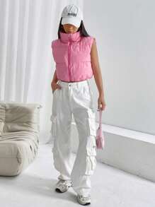 SHEIN EZwear 拉链短款背心夹棉外套 - 粉色 - 查看 4