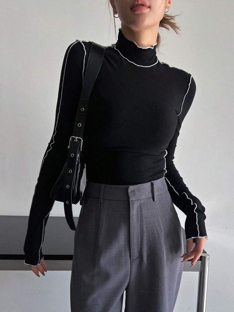 Top Stitched Half Turtle Neck Long Sleeve T-Shirt, Fall Clothes Preppy Tops