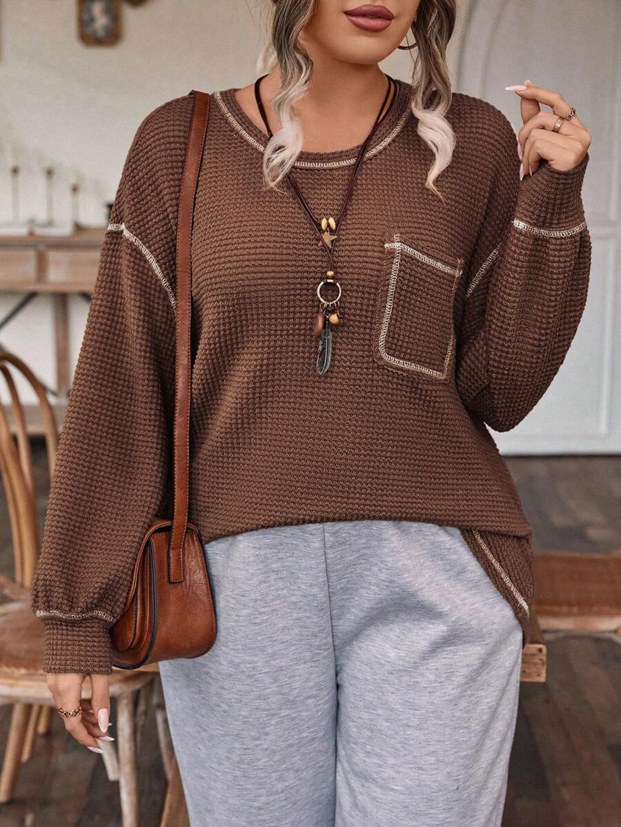 SHEIN LUNE Kích thước lớn Thả vai Áo thun Với Để lộ ra - màu nâu - Xem 1