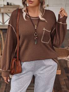 SHEIN LUNE Kích thước lớn Thả vai Áo thun Với Để lộ ra - màu nâu - Xem 6