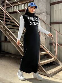 SHEIN EZwear 女款大尺碼睫毛印花高領拼色連身裙 - 黑與白 - 查看 6