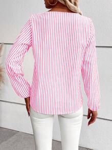 SHEIN LUNE 女款條紋拼接單肩襯衫 - 玫紅色 - 查看 2
