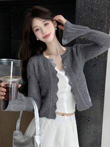 DAZY Women's Lapel Collar Cardigan With Front Buttons - Grey - View 3