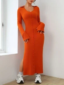 SHEIN EZwear 純色高側面開襠緊身連衣裙 - 橘色 - 查看 5