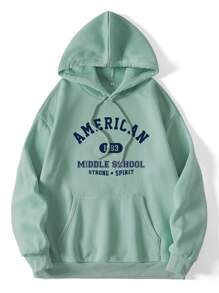 SHEIN EZwear 字母圖案袋鼠口袋抽繩保暖連帽衫 - 綠色 - 查看 1