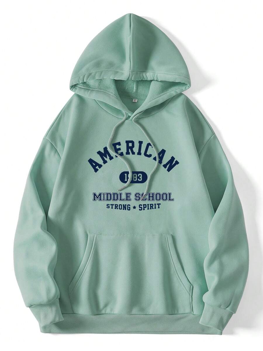 SHEIN EZwear 字母圖案袋鼠口袋抽繩保暖連帽衫 - 綠色 - 查看 1