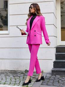 RueChic 2pcs/set Women's Double-breasted Suit - Coral Pink - View 4