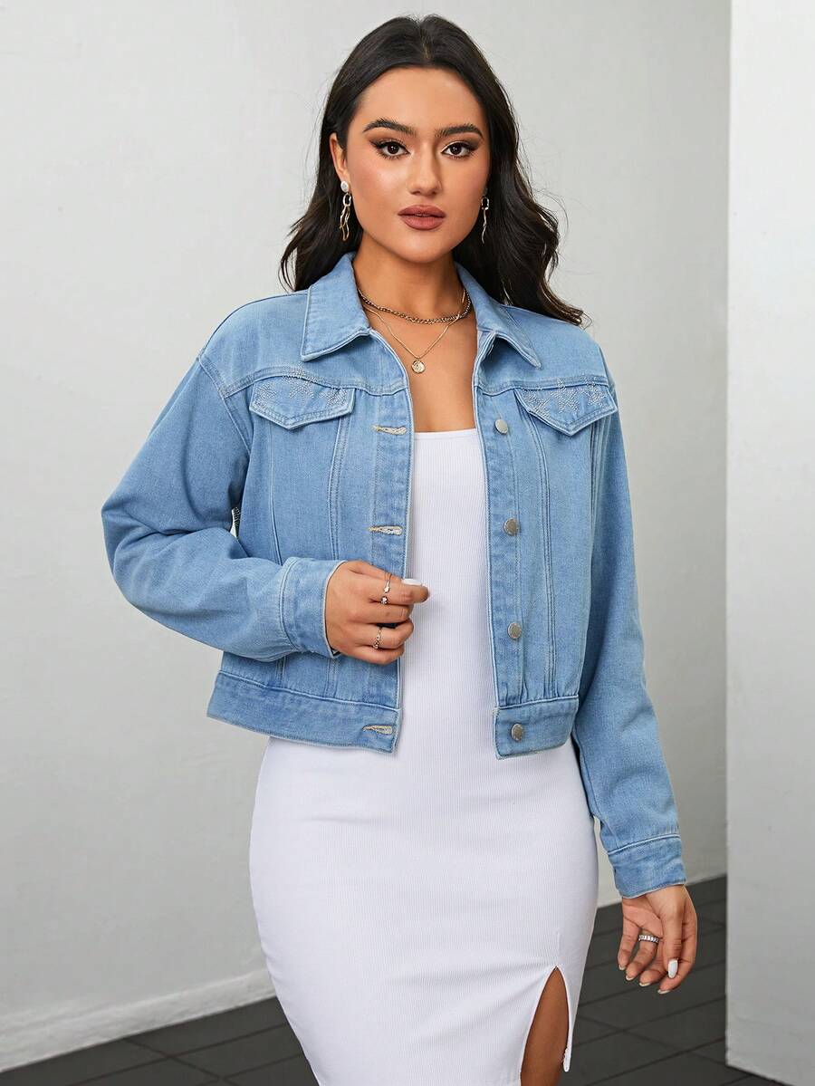 SHEIN Privé Rhinestone Embellished Thermal Lined Denim Jacket - Light Wash - View 1