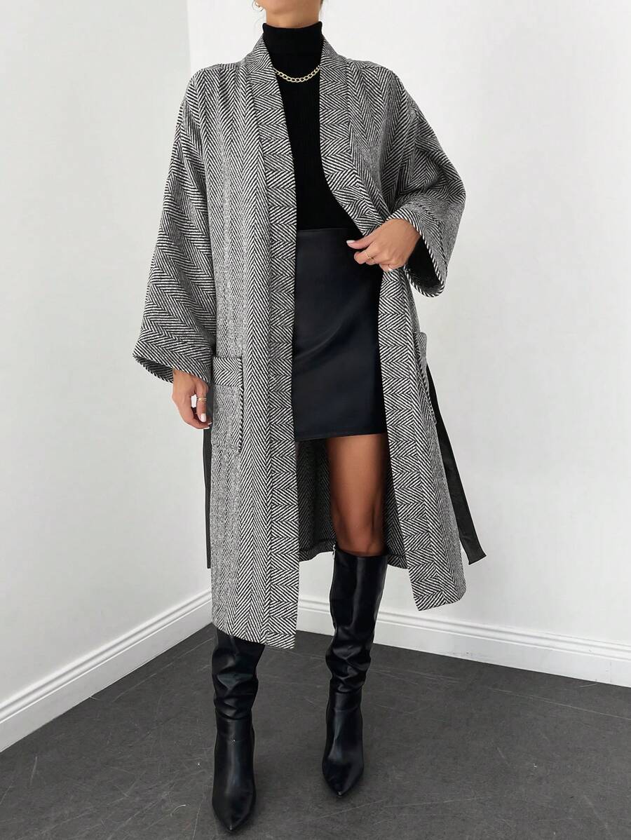 SHEIN Cottnline Herringbone Print Drop Shoulder Belted Overcoat - Grey - View 1