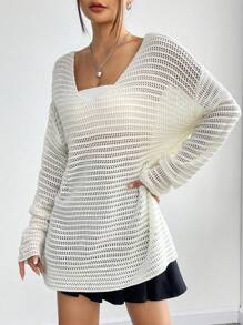 SHEIN Unity Drop Shoulder Pointelle Knit Pullover Fall Winter Sweater - Beige - View 4