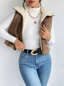 SHEIN Frenchy 秋冬拉链泰迪熊衬里背心外套 - 巧克力棕 - 查看 1