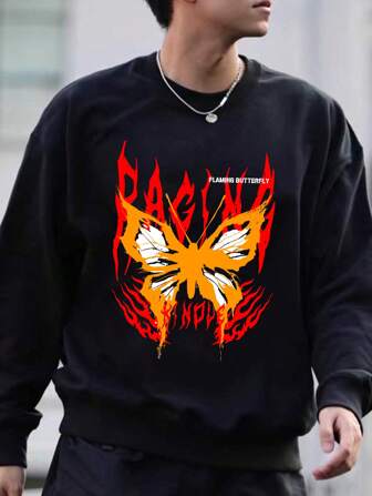 Men Butterfly & Fire Print Thermal Lined Sweatshirt