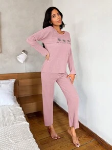 RueChic 花卉与口号图案罗纹针织 T 恤和裤子休闲套装 - 粉色 - 查看 3