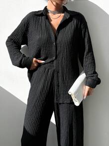 EURMUSE Women's Two Piece Silk-like Blouse And Pants Set - Black - View 3