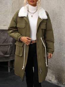 SHEIN LUNE Women's Drawstring Waist Long Padded Padded Coat Clothes Winter With Collar Fall Cloth For Women - Army Green - View 1