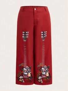 ROMWE PUNK Plus Guitar Print Wide Leg Pants - Red - View 1