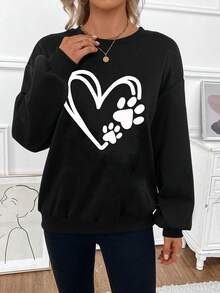 SHEIN LUNE 女士愛心印花保暖運動衫 - 黑色 - 查看 4