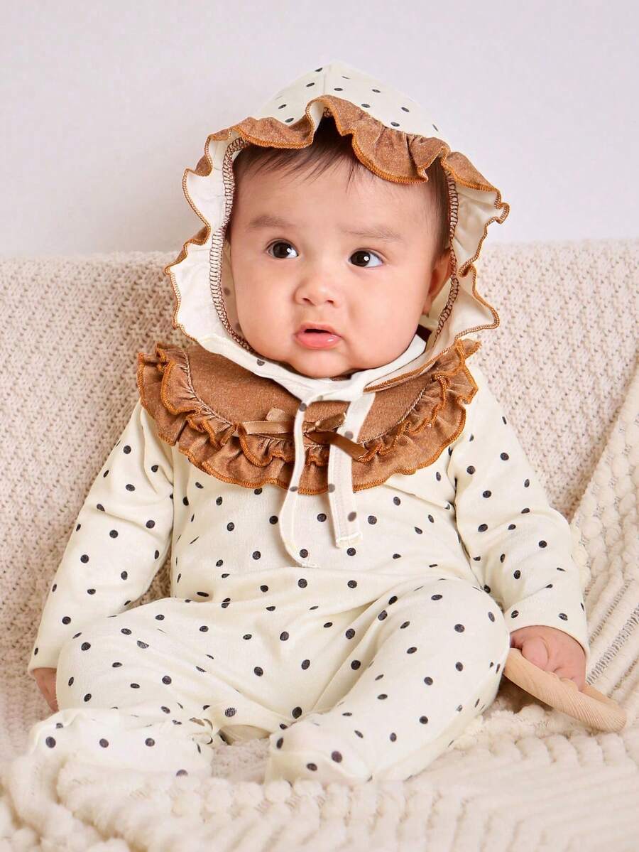 Baby Girl Heart Print Ruffle Trim Sleep Jumpsuit With Hat - Apricot - View 1