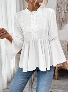 Breezaya Women's Solid Color Stand Collar Flare Sleeve Shirt Peplum Top - White - View 3