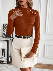 SHEIN LUNE Nút Trang trí Tay áo dài Áo thun - Rỉ Nâu - Xem 5