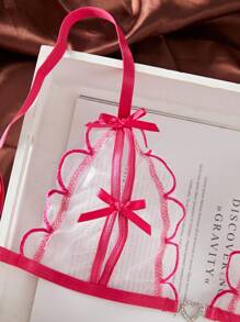 Pure Desire 女式粉紅蕾絲蝴蝶結細肩帶內衣套裝(無鋼圈胸罩、丁字褲、吊襪帶),3 件/套 - 玫紅色 - 查看 4