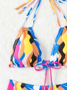 SHEIN Swim 夏季随机印花前结比基尼套装 - 彩色 - 查看 5