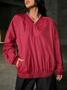 SHEIN EZwear Của phụ nữ Cổ chữ V Áo chui đầu Áo nỉ - Đỏ - Xem 5