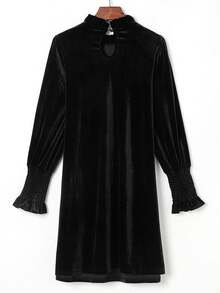 Acelitt Long Sleeve Velvet Dress With Frill Trim - Black - View 5