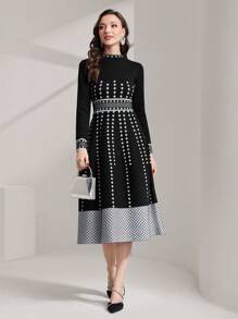 Modelyn 秋冬女士几何图案毛衣裙 - 黑與白 - 查看 1