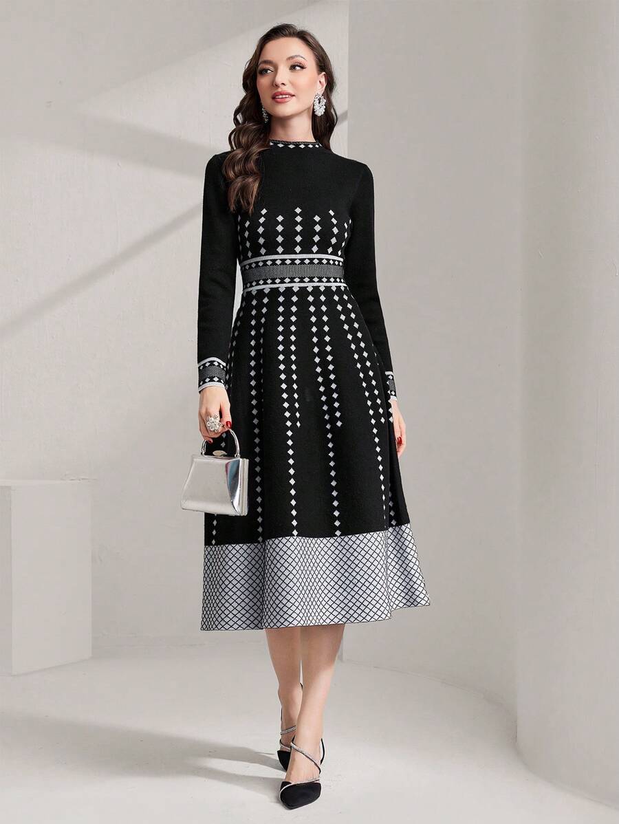 Modelyn 秋冬女士几何图案毛衣裙 - 黑與白 - 查看 1