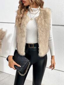 SHEIN Essnce Của phụ nữ Sang trọng Mở Mặt trước Không tay Áo vest - Màu Khaki - Xem 6