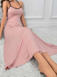 对比色蕾丝露背吊带睡裙睡衣长裙 - 粉色 - 查看 6