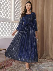 Modelyn Women's Flared Sleeve Belted Dress With Rhinestone Embellishment - Navy Blue - View 3