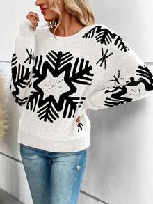 SHEIN LUNE Women'S Snowflake Pattern Plush Drop Shoulder Sweater - White - View 6