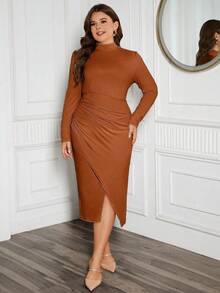 SHEIN Clasi Women's Plus Size Wrapping Design Fitted Dress With Flounced Hem - Coffee Brown - View 5