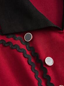 Vintamour 复古优雅女式连衣裙，圆领拼色花卉荷叶边下摆，修身款式，适合秋冬季、新年 - 紅色 - 查看 9