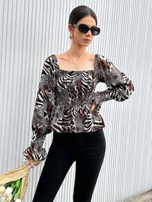 SHEIN Privé Floral Printed Square Neckline Shirt With Ruffle Hem Long Sleeve - Multicolor - View 5