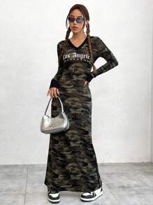 SHEIN EZwear 運動迷彩女用條紋 V 領連身裙 - 軍綠色 - 查看 1