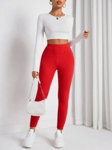 SHEIN Essnce Women's Ribbed Leggings - Red - View 4