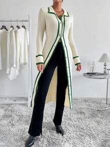 SHEIN Clasi Striped Trim Button Front Sweater Dress Fall Winter Cloth For Women - Multicolor - View 6