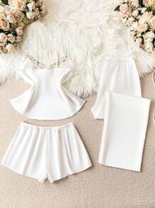 花卉刺繡睡衣 3 件套 - 白色 - 查看 2