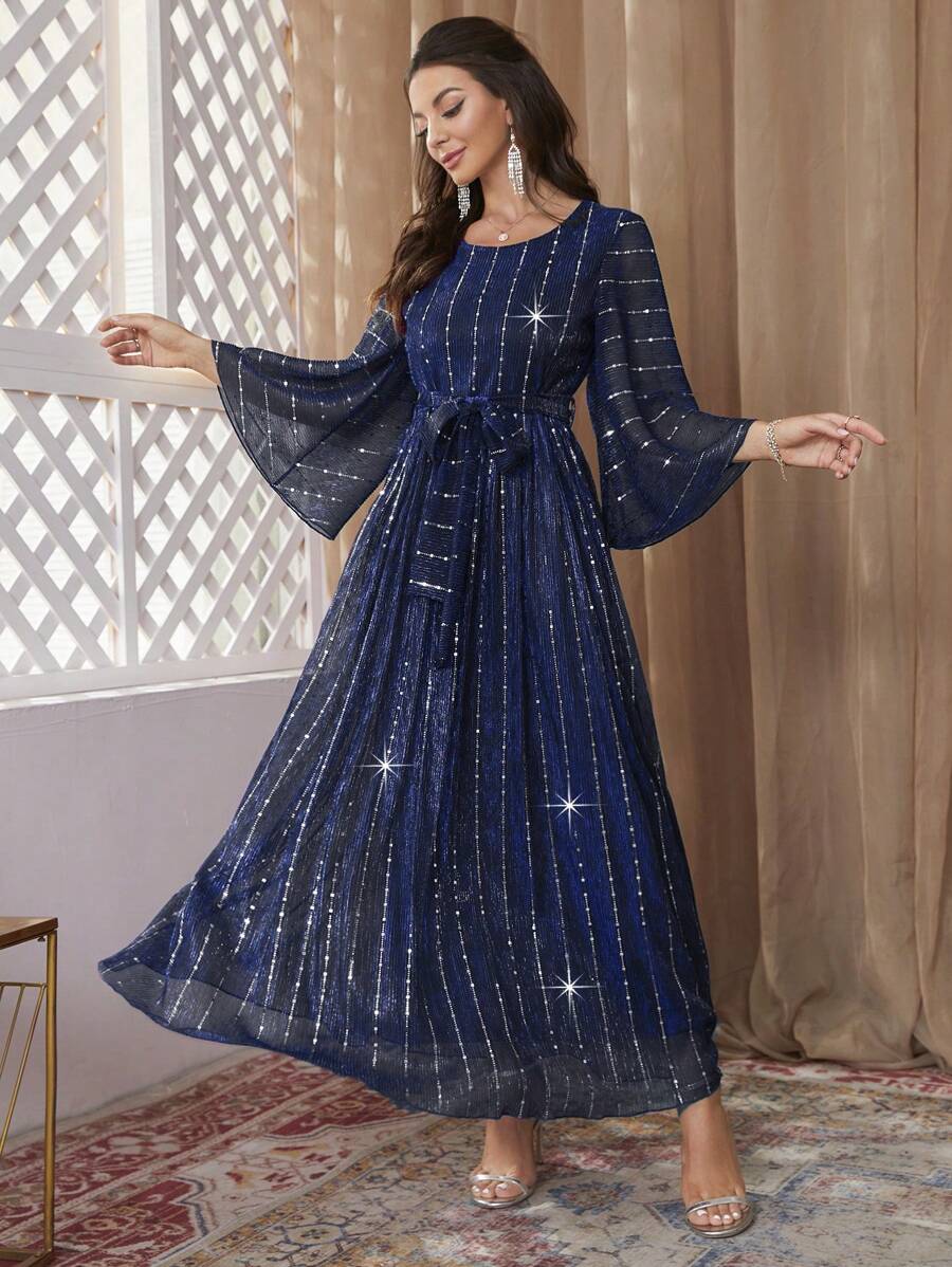 Modelyn Của phụ nữ Bùng nổ Tay áo Váy có thắt lưng Với Pha lê Chỉnh trang - Màu xanh hải quân - Xem 1