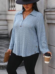 Calvaya Women's Plus Size Mesh Embroidery Button Half Placket Shirt
