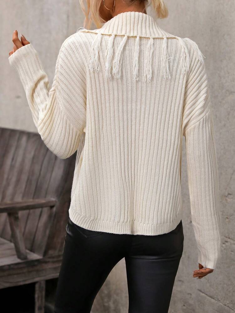 Women's Fringed Drop Shoulder Split Hem Knit Pullover Fall Winter Sweater